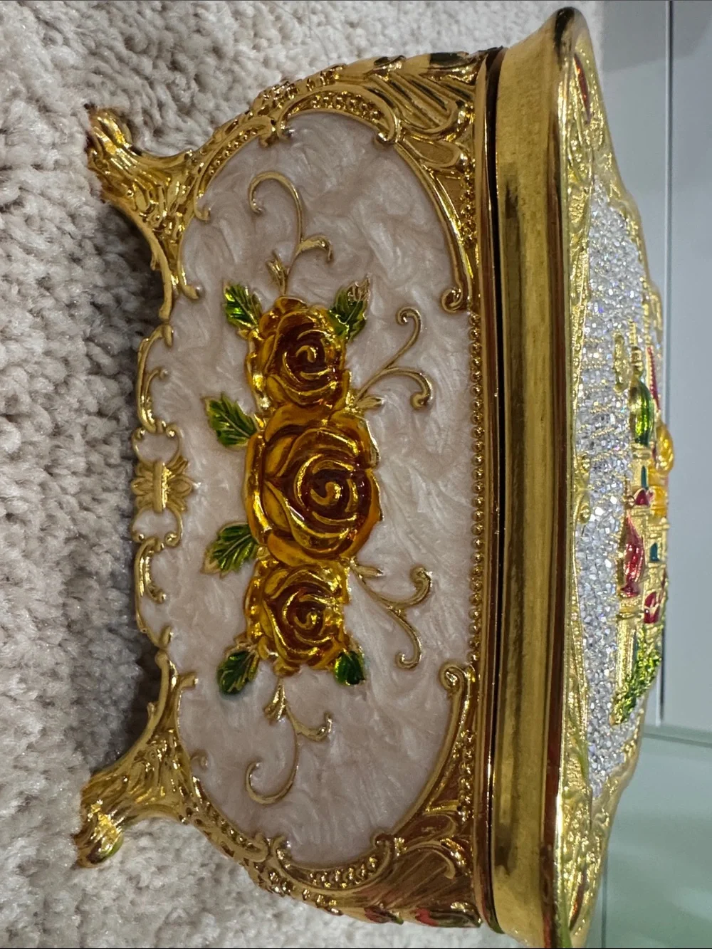 Ornate Jeweled Castle Trinket Box - Gold, White, Green, Red